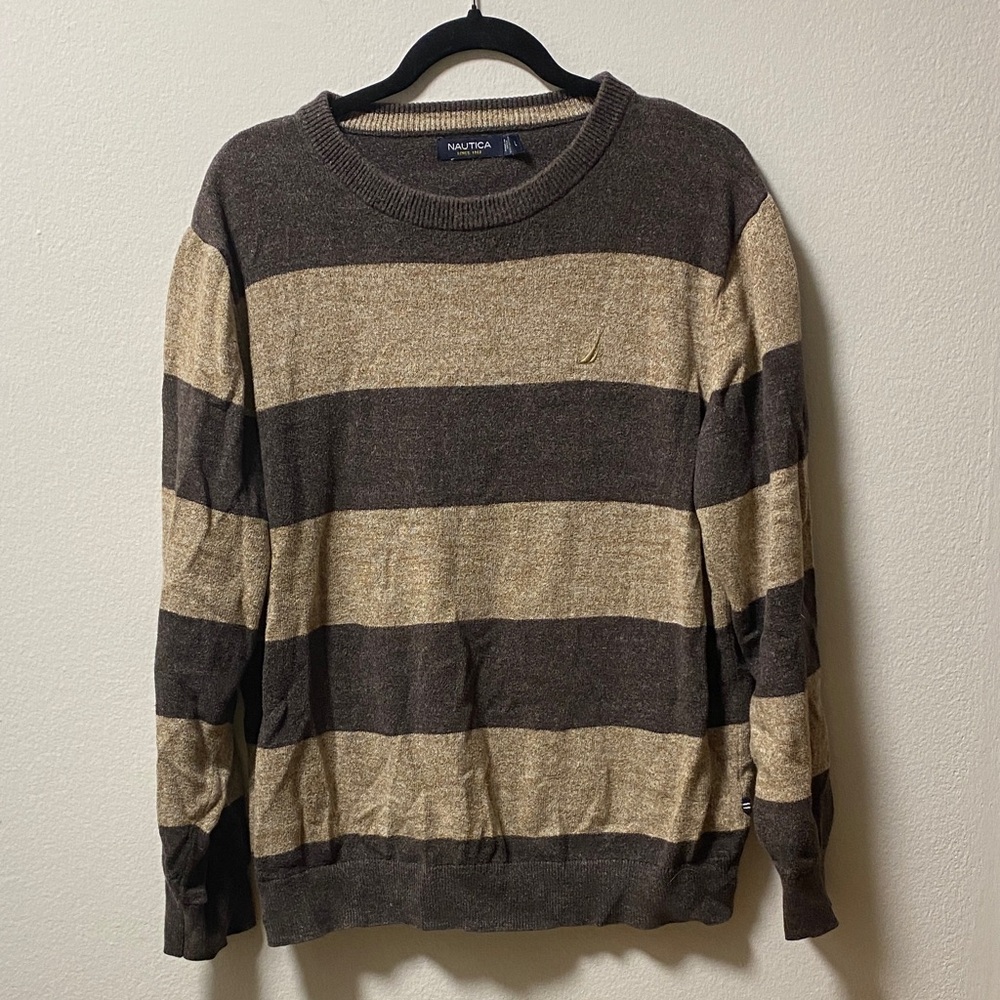 Nautica Men's Crewneck Sweater in Brown and Tan Stripes